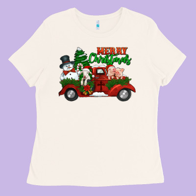 Merry Christmas Snowman And Farm Animals Truck Ladies Tee Designed By Jasminsmagicworld
