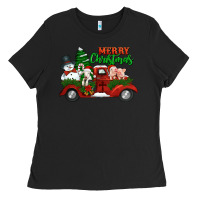 Black merry christmas snowman and farm animals truck Ladies Tee - Jasminsmagicworld