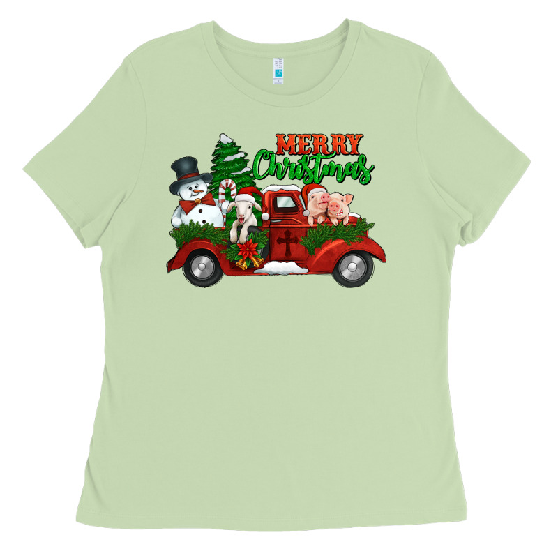 Merry Christmas Snowman And Farm Animals Truck Ladies Tee by Jasminsmagicworld | Teevron