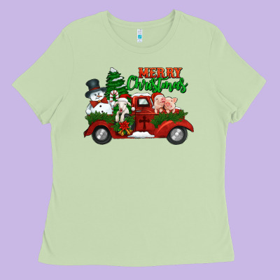 Merry Christmas Snowman And Farm Animals Truck Ladies Tee Designed By Jasminsmagicworld