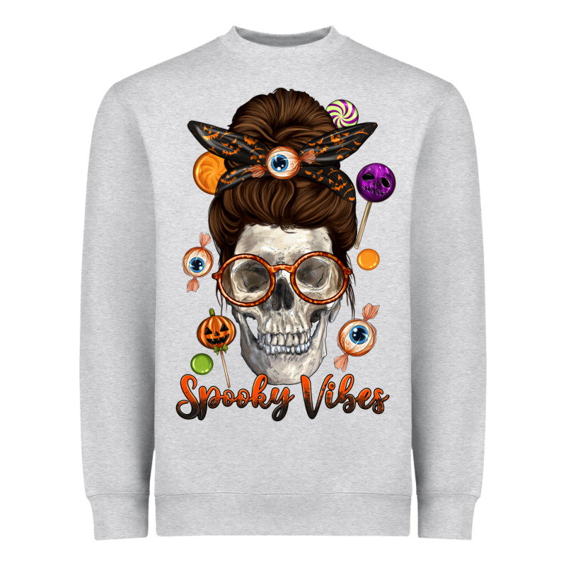 Spooky Vibes Skull Messy Bun Heavyweight Sweatshirt by texasbilliewilder | Teevron