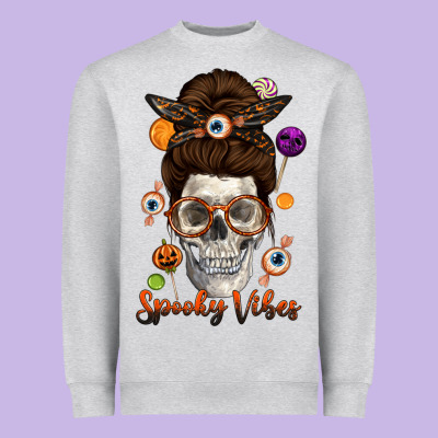 Spooky Vibes Skull Messy Bun Heavyweight Sweatshirt Designed By Texasbilliewilder