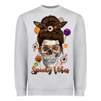 Heather Grey Spooky Vibes Skull Messy Bun Heavyweight Sweatshirt - texasbilliewilder