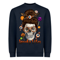 Navy Spooky Vibes Skull Messy Bun Heavyweight Sweatshirt - texasbilliewilder