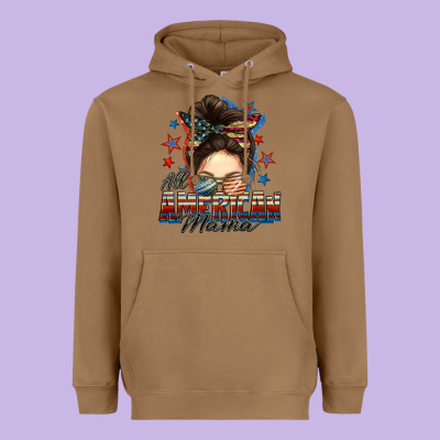 All American Mama Messy Bun 4th Of July Heavyweight Hoodie Designed By Fadigitalartstudio
