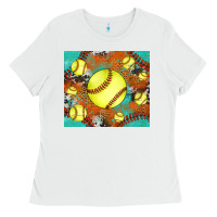 White softball cowhide turquoise glitter tumbler Ladies Tee - Jasminsmagicworld