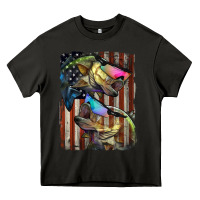 Asphalt American Flag With Bass Fish Heavy Core Tee - LillyAllenDesigns