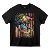 Black American Flag With Bass Fish Heavy Core Tee - LillyAllenDesigns
