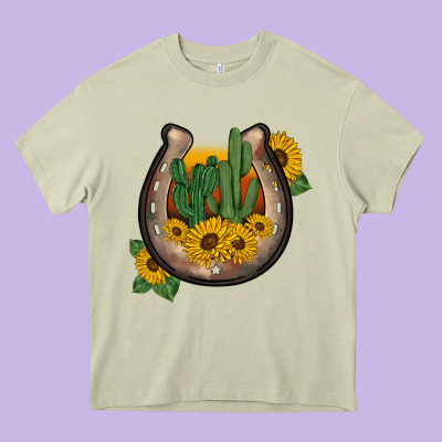 Western Horseshoe Sunflower Cactus Heavy Core Tee Designed By Barkaloodesign