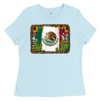 Baby Blue mexican flag background with cactus and sunflower Ladies Tee - Jasminsmagicworld