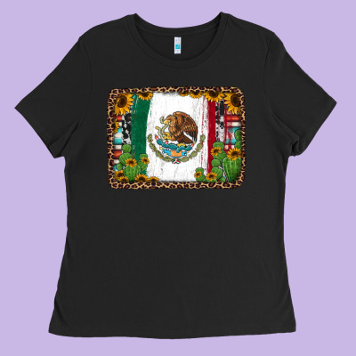 Mexican Flag Background With Cactus And Sunflower Ladies Tee Designed By Jasminsmagicworld