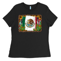 Black mexican flag background with cactus and sunflower Ladies Tee - Jasminsmagicworld