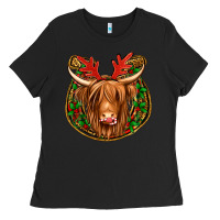 Black christmas highland cow mistletoe Christmas Ladies Tee - Jasminsmagicworld