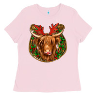 Bubblegum Pink christmas highland cow mistletoe Christmas Ladies Tee - Jasminsmagicworld