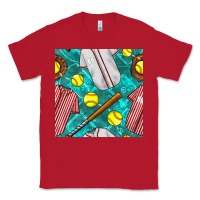 Red softball uniform glove and bat with field seamless pattern Classic Tee - BundleAndBundleShop