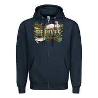 Navy He lives Easter Day Zipper Hoodie - HowdyJamesFarm