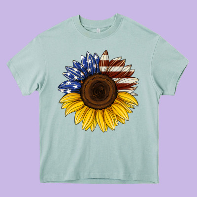 American Flag Sunflower Heavy Core Tee Designed By Jasminsmagicworld
