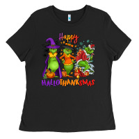 Black Happy Hallothanksmas Ladies Tee - NancyCooperArtShop