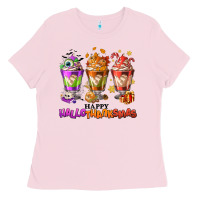 Bubblegum Pink Happy Hallothanksmas coffee cups Ladies Tee - NancyCooperArtShop