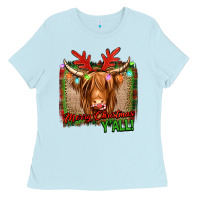 Baby Blue merry christmas y'all highland cow Ladies Tee - Jasminsmagicworld