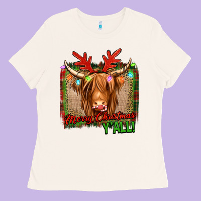 Merry Christmas Y'all Highland Cow Ladies Tee Designed By Jasminsmagicworld
