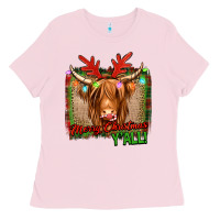 Bubblegum Pink merry christmas y'all highland cow Ladies Tee - Jasminsmagicworld