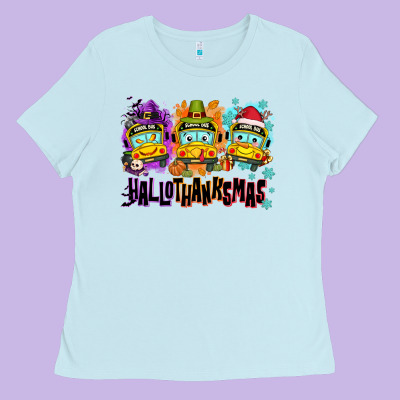 Happy Hallothanksmas School Bus Ladies Tee Designed By Nancycooperartshop
