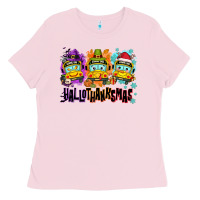 Bubblegum Pink Happy Hallothanksmas school bus Ladies Tee - NancyCooperArtShop