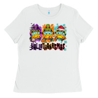 White Happy Hallothanksmas school bus Ladies Tee - NancyCooperArtShop