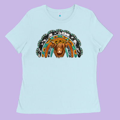 Turquoise Cowhide Sunflower Headband Highland Cow Ladies Tee Designed By Jasminsmagicworld