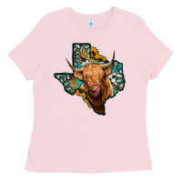 Bubblegum Pink texas map highland cow Ladies Tee - Jasminsmagicworld