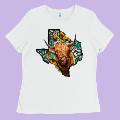 Texas Map Highland Cow Ladies Tee Designed By Jasminsmagicworld