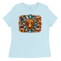 Baby Blue american flag sunflowers highland cow turquoise background Ladies Tee - Jasminsmagicworld