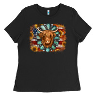 Black american flag sunflowers highland cow turquoise background Ladies Tee - Jasminsmagicworld