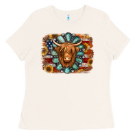Bone american flag sunflowers highland cow turquoise background Ladies Tee - Jasminsmagicworld