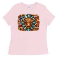 Bubblegum Pink american flag sunflowers highland cow turquoise background Ladies Tee - Jasminsmagicworld