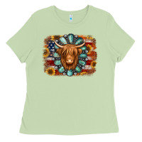 Matcha american flag sunflowers highland cow turquoise background Ladies Tee - Jasminsmagicworld