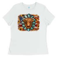 American Flag Sunflowers Highland Cow Turquoise Background Ladies Tee | Teevron