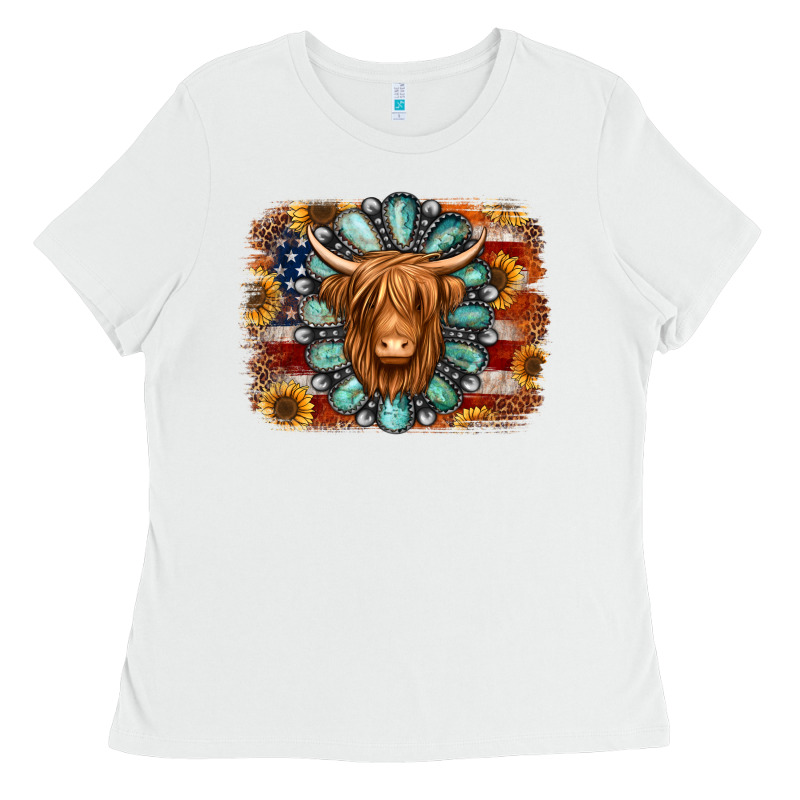 American Flag Sunflowers Highland Cow Turquoise Background Ladies Tee by Jasminsmagicworld | Teevron