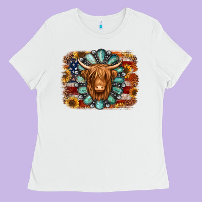 American Flag Sunflowers Highland Cow Turquoise Background Ladies Tee Designed By Jasminsmagicworld
