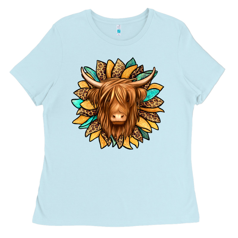 Highland Cow Turquoise Sunflower Ladies Tee by Jasminsmagicworld | Teevron
