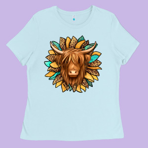 Highland Cow Turquoise Sunflower Ladies Tee Designed By Jasminsmagicworld