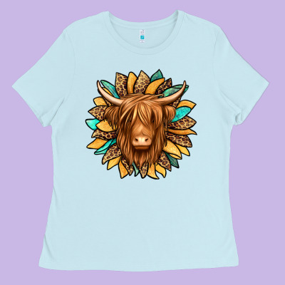 Highland Cow Turquoise Sunflower Ladies Tee Designed By Jasminsmagicworld