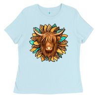 Baby Blue highland cow turquoise sunflower Ladies Tee - Jasminsmagicworld