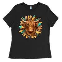 Black highland cow turquoise sunflower Ladies Tee - Jasminsmagicworld