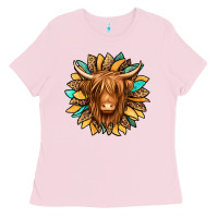 Bubblegum Pink highland cow turquoise sunflower Ladies Tee - Jasminsmagicworld