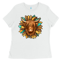 White highland cow turquoise sunflower Ladies Tee - Jasminsmagicworld