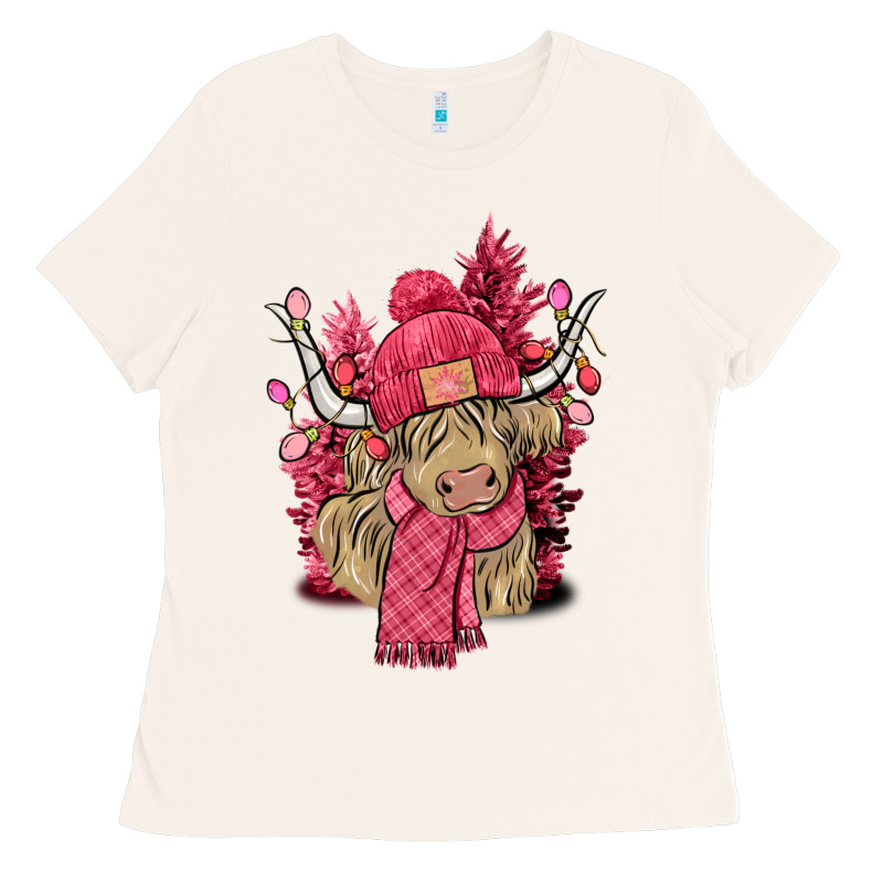 Pink Winter Long Haired Cow Ladies Tee by NancyCooperArtShop | Teevron