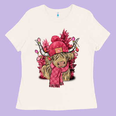 Pink Winter Long Haired Cow Ladies Tee Designed By Nancycooperartshop