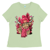 Matcha Pink winter long haired Cow Ladies Tee - NancyCooperArtShop